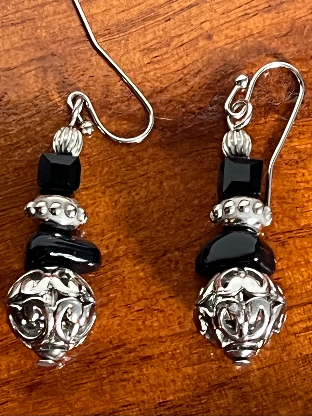 Ornate Sterling Filagree & Black Crystal Pierced Earrings 1 3/4 In Long Dangles